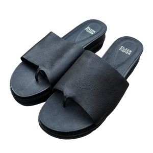 Eileen Fisher Duet Tumbled Leather Slip On Black Sandals Womens 8